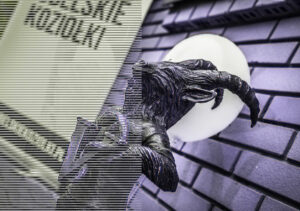 Figura z brązu kozła, postać stojąca trzymająca symbol weterynarii literę V oplecioną przez węża.